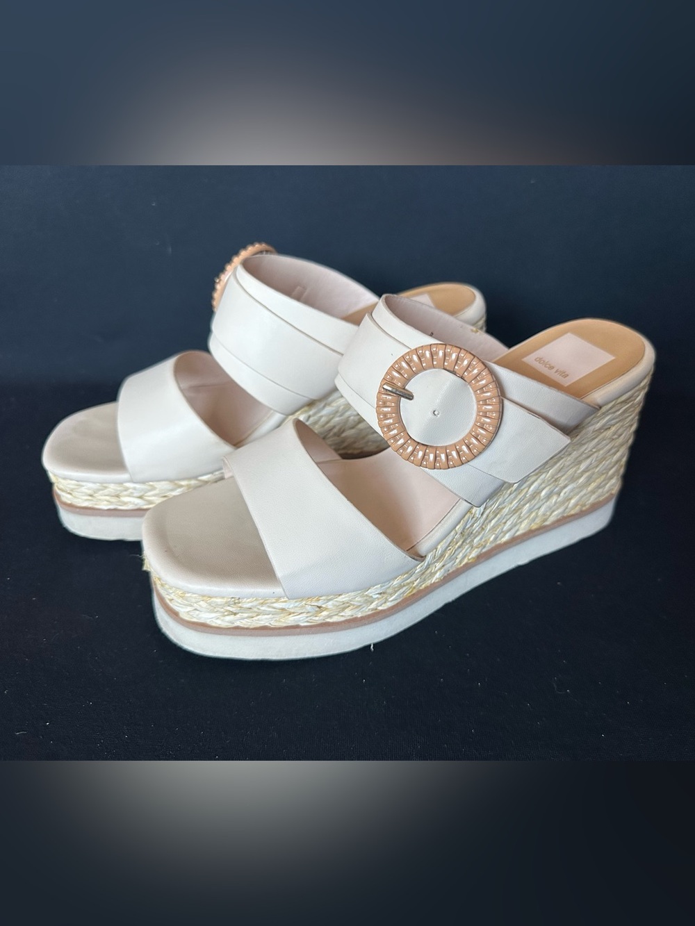 Dolce Vita Lauryn Cream Platform Wedge Sandals with Tan Buckle 8